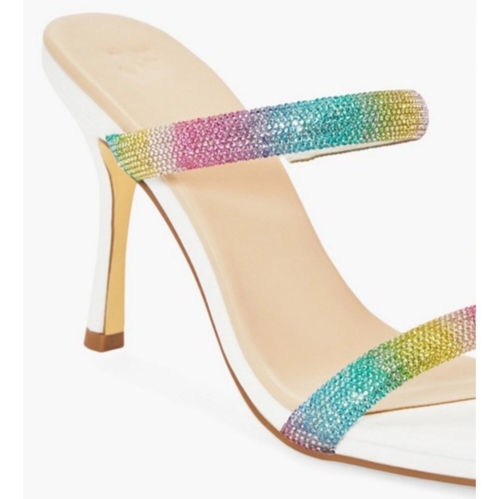 NIB Just Fab White Rainbow Rhinestone Heeled Sandals | Barbiecore Soft Girl Glam - Picture 4 of 8